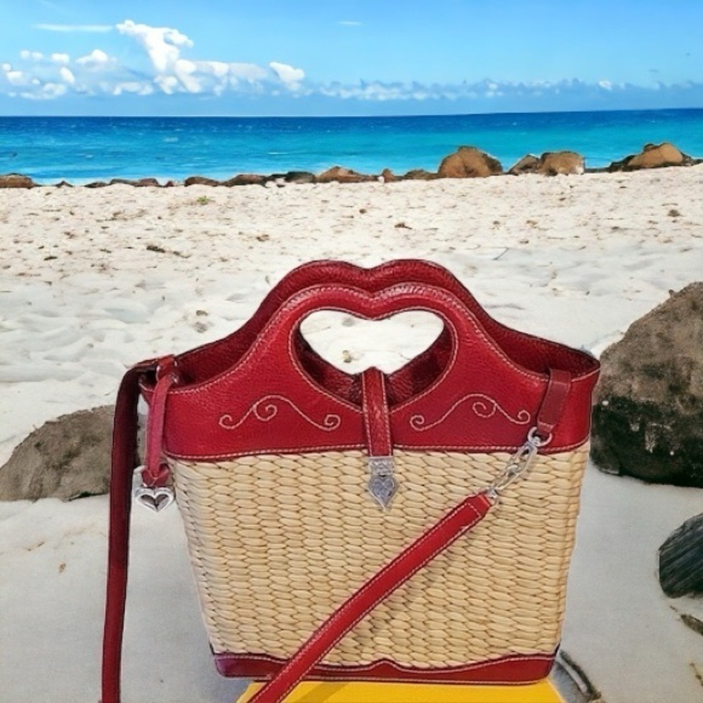 Brighton Straw & Red Leather Top Stitch Bucket Handbag Shoulder Strap Cr… - Picture 8 of 14